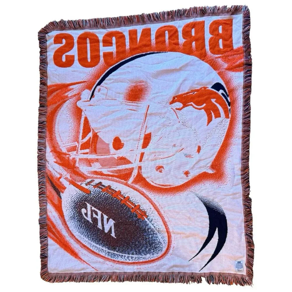 Vintage Denver Broncos Tapestry Throw Blanket Northwest Co USA Made 57x45 Blue